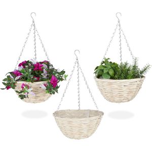 Relaxdays hangende plantenmand - set van 3 - 30 cm - rotan - handgevlochten - met folie -