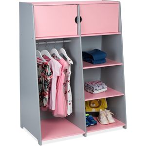 Relaxdays kledingrek voor kinderen, HBD: 120x90x48 cm, kledingroede, 5 vakken, kledingkast kinderkamer, MDF, roze/grijs