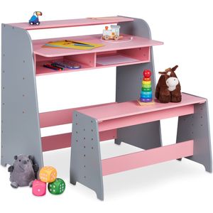 Relaxdays kindertafel met bankje, 2 vakken, in de hoogte verstelbaar, knutseltafel, HxBxD: 88 x 90 x 48 cm, roze/grijs