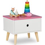 Relaxdays nachtkastje kinderkamer, met lade, HBD 31 x 38 x 30 cm, kleine nachttafel voor kinderen, hout & MDF, wit/roze