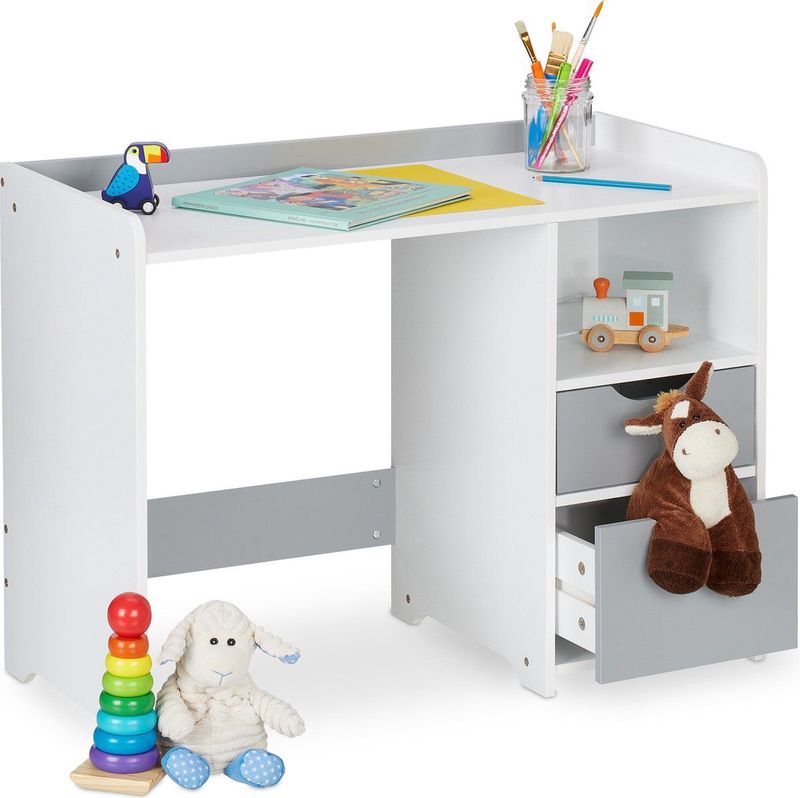 Relaxdays kinderbureau x x 38 cm - 2 lades - opbergruimte - met rand - wit-grijs