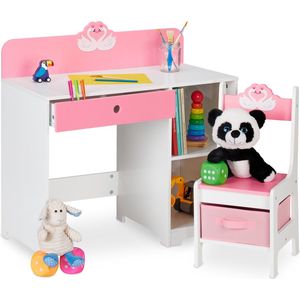 Relaxdays kinderbureau en stoel, lade & 2 open vakken, zwaan-print, kindertafel, kaptafel, bureau kinderkamer, roze/wit