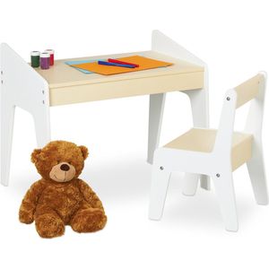 Relaxdays kindertafel en stoeltje, kindermeubelset, speeltafel en kinderstoeltje, voor jongens en meisjes, beige-wit