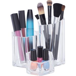 Relaxdays make-up kwastenhouder - 3 houders - kunststof - 12 x 13,5 x 14 cm - transparant