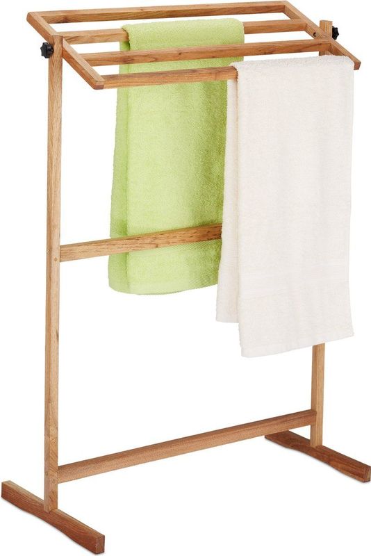 Relaxdays handdoekenrek badkamer - 4 stangen - hout - vrijstaand - theedoekhouder