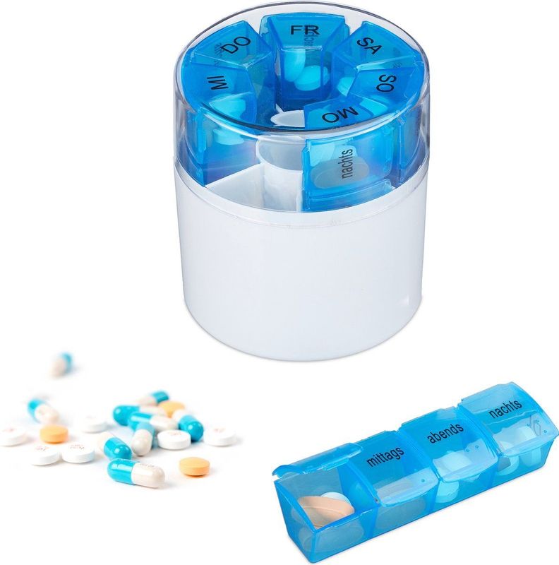Relaxdays pillendoos 7 dagen - 4 vakken - Duits - BPA-vrij - week - wit-blauw