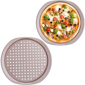 Relaxdays pizzaplaat, set van 2, Ø: 29,5 cm, met gaatjes, met handgrepen, oven, voor pizza & flammkuchen, staal, bruin