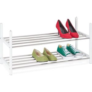 Relaxdays schoenenrek stapelbaar, HBD 38 x 80 x 30 cm, hout & metaal, voor 6 paar, opbergrek schoenen, wit/zilver