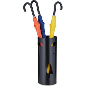 Relaxdays paraplubak, HxØ: 47,5 x 19 cm, parapluhouder met lekbak, van staal, rond, modern, met paraplu-patroon, zwart