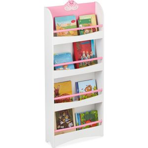 Relaxdays kinderboekenkast, HxBxD: 124 x 50,5 x 15 cm, 4 vakken, MDF, kinderboekenrek met zwanen, kinderrek, wit/roze