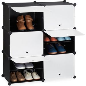Relaxdays schoenenkast, deuren, H x B x D: 95 x 85 x 31,5 cm, met 12 vakken, opbergkast schoenen, kunststof, zwart-wit