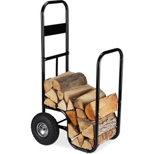Relaxdays brandhout kar, met 2 wielen, tot 60 kg, binnen & buiten, staal, grote houtopslag voor haardhout, zwart
