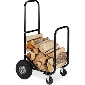 Relaxdays brandhout kar, met 4 wielen, tot 60 kg, binnen & buiten, staal, grote houtopslag voor haardhout, zwart
