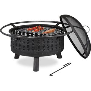 Relaxdays vuurkorf met grillrooster & vonkenscherm, pook, kolenrooster, Ø 75 cm, vuurschaal tuin, zwart/zilver
