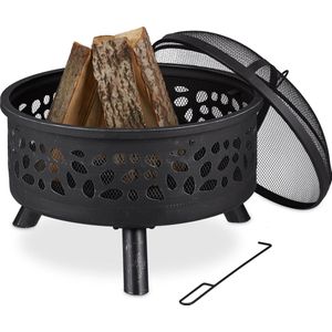Relaxdays vuurkorf met vonkenscherm, met pook & kolenrooster, Ø 60 cm, vuurschaal voor de tuin, van staal, zwart/zilver