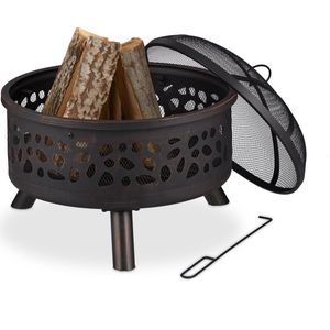 Relaxdays vuurkorf met vonkenscherm, inclusief pook, Ø 60 cm, voor tuin en terras, van staal, met patroon, brons