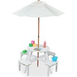 Relaxdays kinderpicknicktafel met parasol, rond tafelblad, voor 4 kinderen, hout, kindertafel en stoeltjes buiten, wit