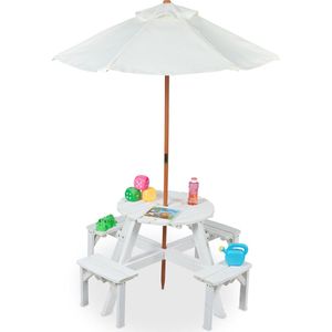 Relaxdays kinderpicknicktafel met parasol, rond tafelblad, voor 4 kinderen, hout, kindertafel en stoeltjes buiten, wit
