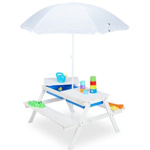 Relaxdays kinderpicknicktafel met parasol - houten speeltafel tuin - zand- en watertafel