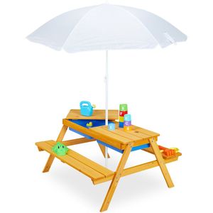 Relaxdays kinderpicknicktafel met parasol, houten kindertafel met bankjes, zand- en watertafel, voor buiten, naturel