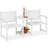 Relaxdays tuinbank met tafel, 2-zits, houten buitenbank, HBD: 86x161x61 cm, tuin & balkon, robuuste zitbank buiten, wit
