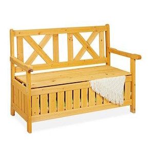 Relaxdays tuinbank met opbergruimte, 2-zits, HxBxD 85 x 115 x 60 cm, dennenhout, bankje met rugleuning, balkon, naturel