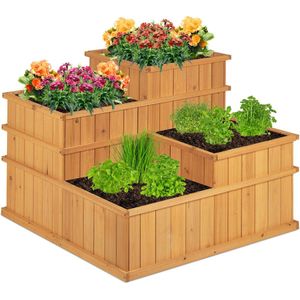 Relaxdays houten plantenbak, 4-laags, groot, tuin, balkon, terras, vierkante moestuinbak, HBD: 61 x 81 x 81 cm, natuur