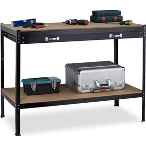 Relaxdays werkbank - met lade - 2 etages - tot 100 kg - staal - 90,5x121x63,5 cm - zwart