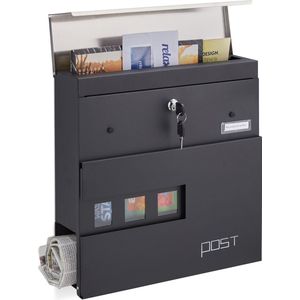 Relaxdays brievenbus met krantenrol - buitenbrievenbus - slot & kijkvenster - zwart