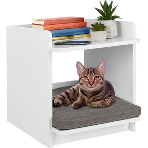 Relaxdays Bijzettafel met bed voor huisdieren, katten en kleine honden, H x B x D 45 x 40 x 44,5 cm, dierenhok met kussen, wit, polyester