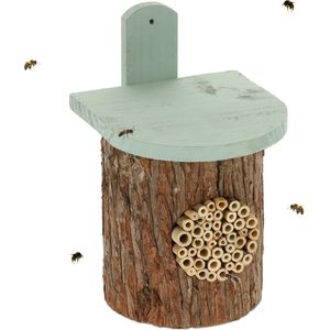 Relaxdays insectenhotel, nestkast voor wilde bijen, HBD: 26,5 x 17 x 19 cm, bijenhotel tuin, balkon, hout, naturel/groen