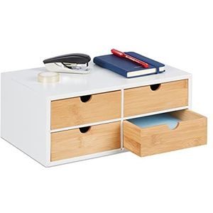 Relaxdays bureau organizer, met 4 lades, bamboe & MDF, HBD: 14 x 33 x 21 cm, mini ladekast, wit/natuur