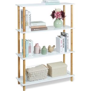 Relaxdays boekenkast, 4 ruime planken, MDF & bamboe, HxBxD: 114 x 80 x 30 cm, staand rek keuken, badkamer, wit/naturel