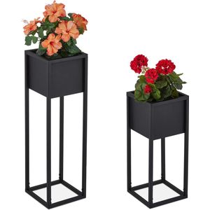 Relaxdays plantenbak staand - set van 2 - bloembak op voet - plantenstandaard zwart metaal