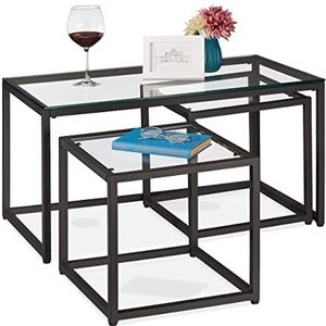 Relaxdays bijzettafel set van 3, salontafel & 2 kleine tafeltjes, metaal & glas, rechthoekige mimiset, woonkamer, zwart