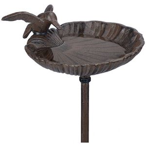 Relaxdays - Vogeltränke zum Stecken, Wasserschale mit Vogel, frostsicher, Gartenstecker, 100 cm hoch, Gusseisen, braun