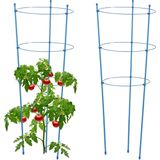 Relaxdays plantensteun set van 2, metaal & kunststof, 76 cm hoog, 3 verstelbare ringen, klimplantenrek moestuin, blauw