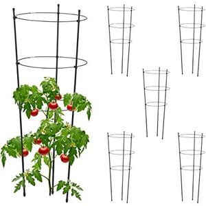 Relaxdays plantensteun set van 6, metaal & kunststof, 76 cm hoog, 3 verstelbare ringen, klimplantenrek tomaten, zwart