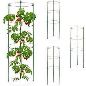 Relaxdays plantensteun, set van 4, 3 ringen, H x ⌀: 60 x 20 cm, tomaten & planten, metaal & kunststof, rankhulp, groen