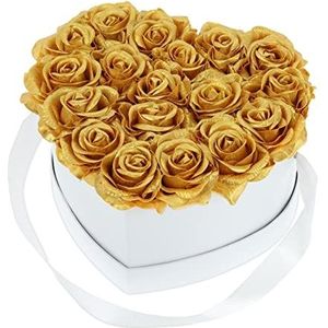 Relaxdays flowerbox hart, met 18 rozen, cadeau voor Moederdag, Valentijnsdag, met de hand gemaakt, rozenbox, wit/goud