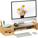 Relaxdays - Monitorständer, Bambus, Schublade & 5 Fächer, HxBxT: 13 x 70 x 19 cm, Bildschirmständer Schreibtisch, natur