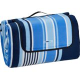Relaxdays XXL picknickkleed 200x300 cm waterdichte onderkant draaggreep isolatiedeken fleece deken gestreept blauw/wit