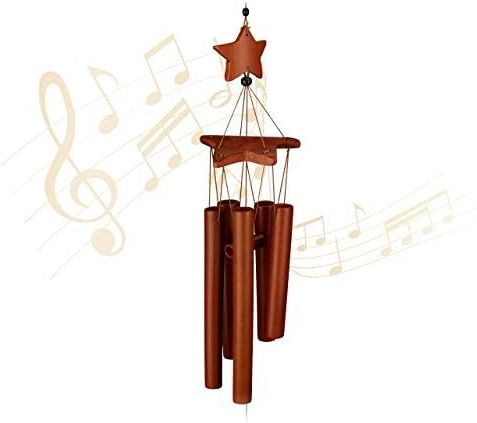 Windspiel Bambus, Klangspiel Mond & Sterne, Hängedeko, draußen & drinnen, hbt 63x9,5x8 cm, Windorgel, braun - Relaxdays