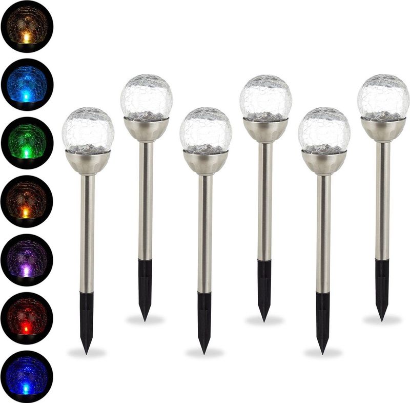 Relaxdays solar tuinverlichting zonne energie, 6 stuks, led solarlamp, kleurverandering, waterdicht, grondspies, zilver