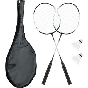 Relaxdays Badminton Set met tas, 2 badmintonrackets, 10 ruches, balspel voor kinderen en volwassenen, zwart/wit