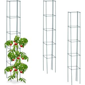Relaxdays plantensteun, set van 3, HxBxD: 150 x 20 x 20 cm, tomaten & planten, metaal, opvouwbare tomatensteun, groen