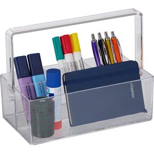 Relaxdays pennenbak met handgreep - 4 vakken - kunststof - bureau organizer - transparant