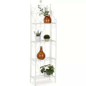 Relaxdays Plantenrek Metaal – 4 Etages – 93x42,5x22,5 Cm – Met Houtlook Planken – Wit Frame – Voor Binnen – Lichtbruin