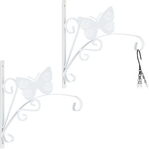 Relaxdays plantenhaak met vlinder, set van 2, wandmontage, 30 x 29,5 x 2 cm, bloemenhaak, binnen en buiten, ijzer, wit