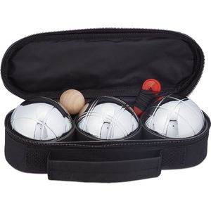 Relaxdays jeu de boules set, 3 metalen ballen, set met but & afstandmeter, draagtas, pétanque, zilver/zwart